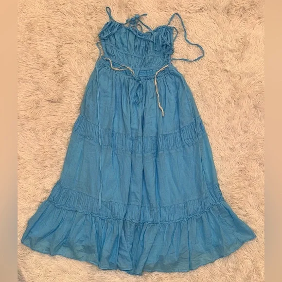NEW FREE PEOPLE Taking Sides Tiered Cotton Maxi splash Blue Dress sz M - Picture 4 of 6
